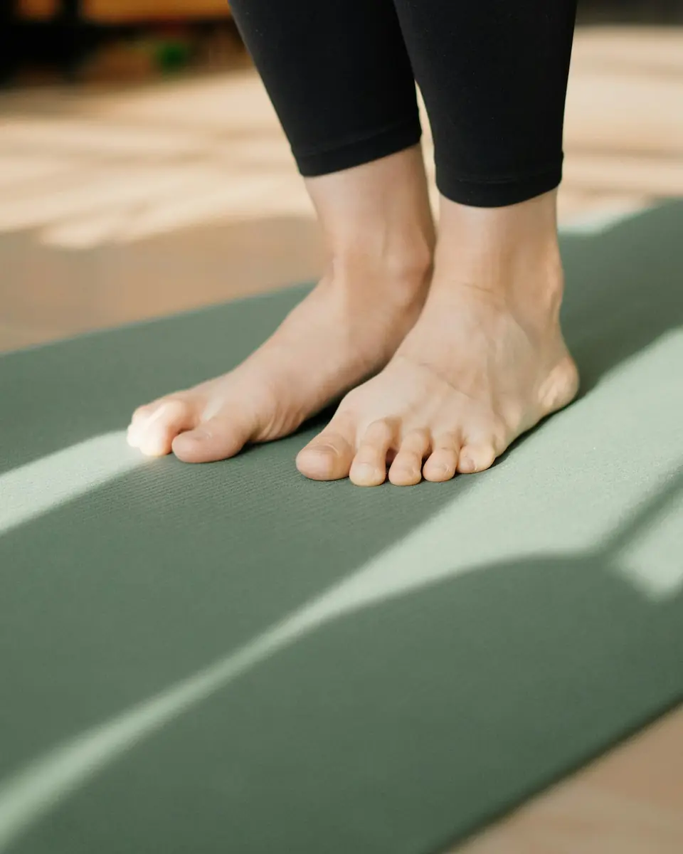 Bare feet on a green yoga mat in soft morning light